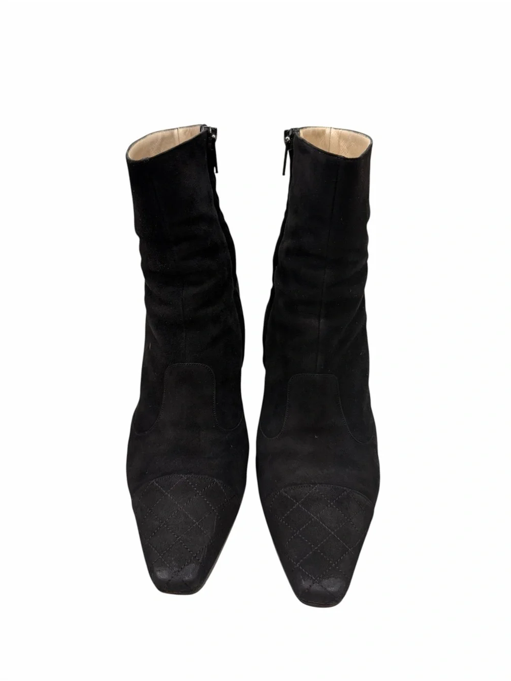 Authentic CHANEL Black Suede Quilted Cap Toe Ankle Boots Booties EU 38